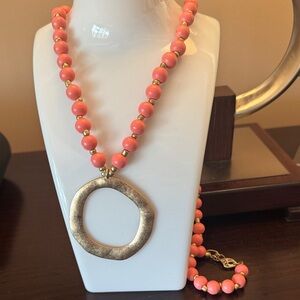 Coral Beaded Necklace with Gold Pendant